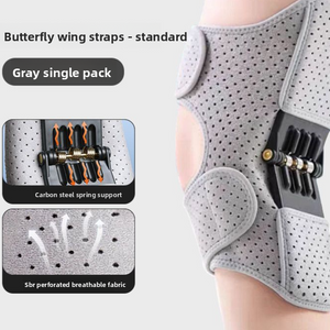 Grey perforated knee wrap worn on a leg, single pack, with maker spring and fabric insets
