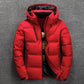 Red men's quilted hooded puffer jacket, variant photo for size M