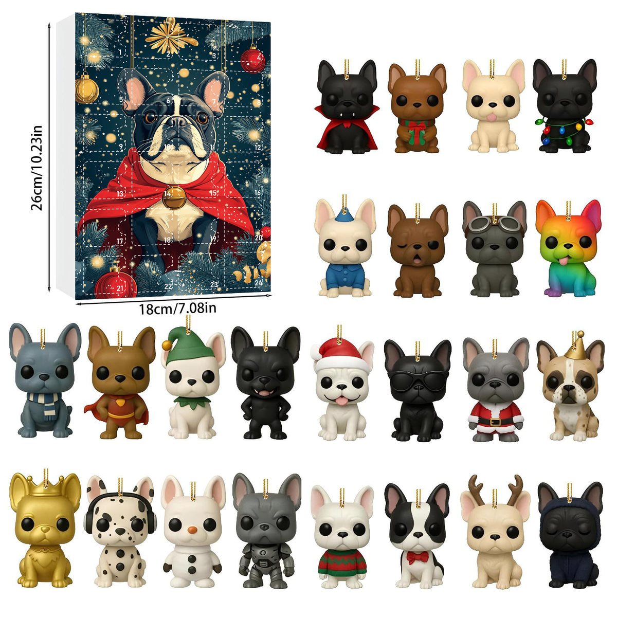 Navy French Bulldog advent calendar box with 26 cm by 18 cm size callouts beside twenty-four costumed dog ornaments