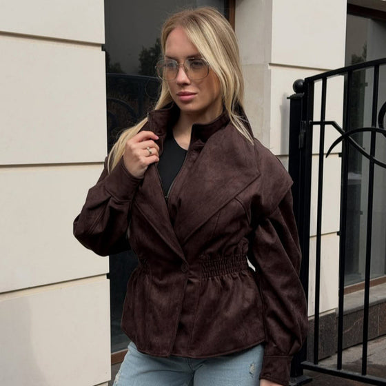 Women's Vegan Suede Jacket with Double Collar and Smocked Waist