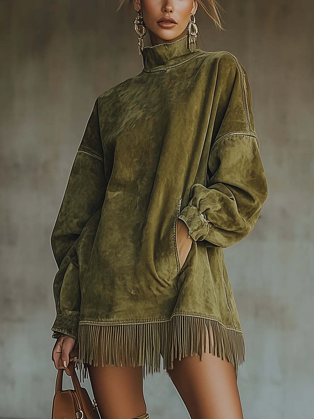 Vegan suede mock neck dress deep side seam pocket detail on loose A line body