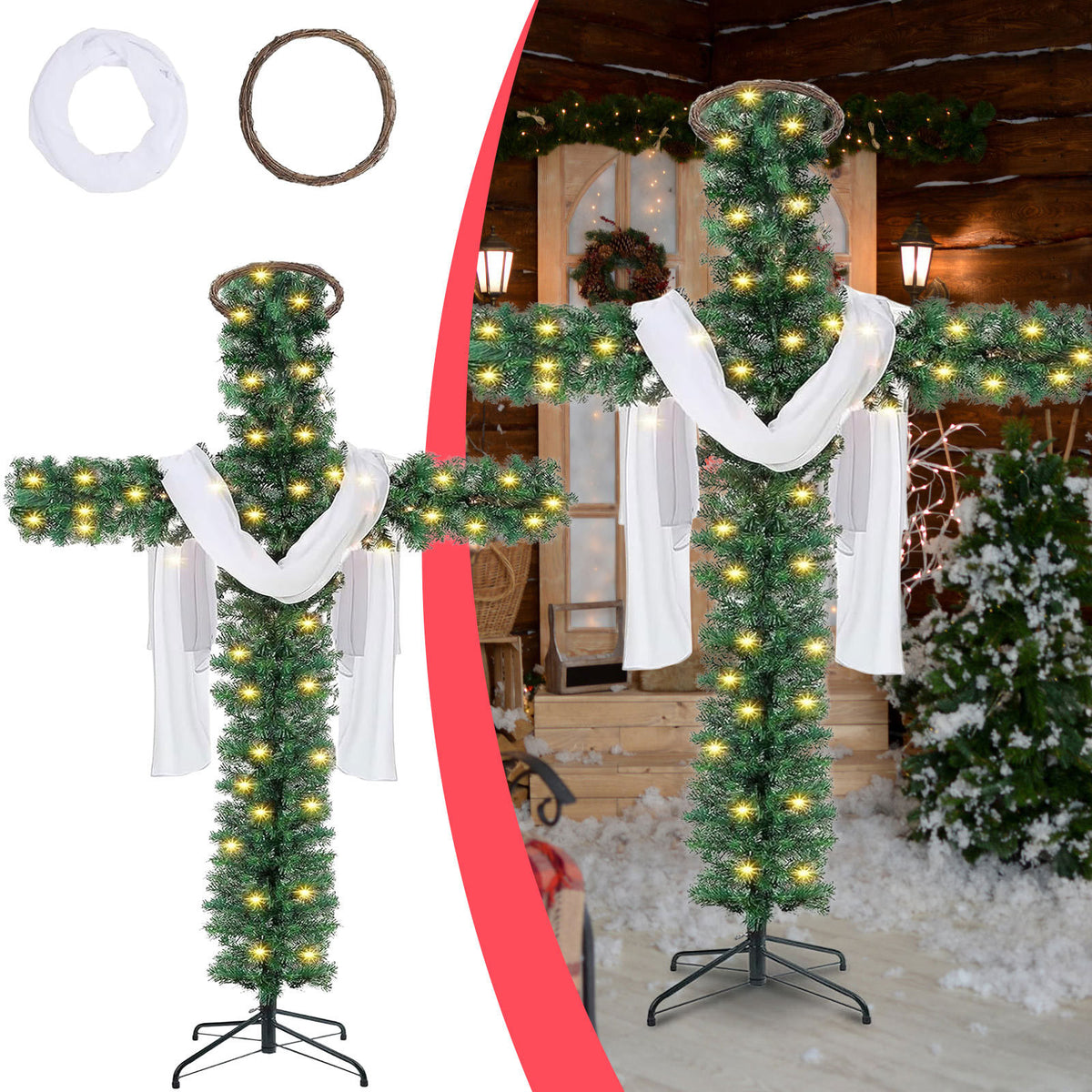 Cross shaped Christmas tree beside a white cloth and a twig ring, with the same tree in a festive room