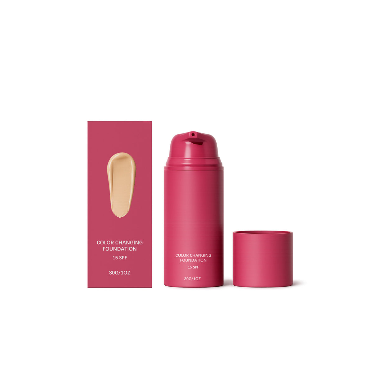 Raspberry pink 30 g foundation pump bottle, cap and carton with a beige swatch, 30 g option