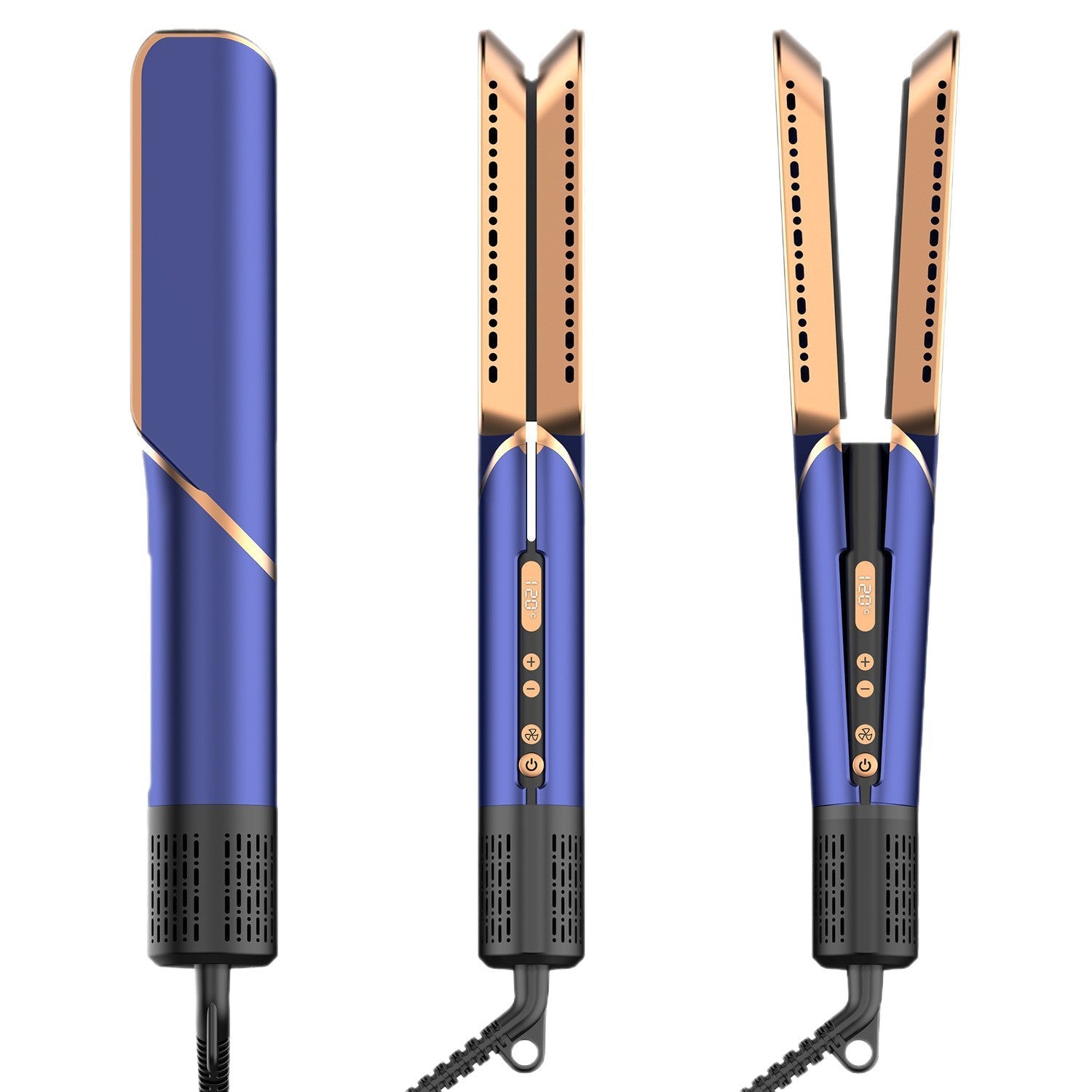 Blue wide plate flat iron shown closed and open with vented rose gold styling plates