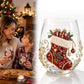 Clear borosilicate Christmas glass cup with a raised painted 3D stocking holiday motif