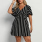 Black and white striped surplice mini dress, crossed V front and gathered waist, Black option