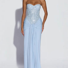 Womens Strapless Sweetheart Sequin Bodice Draped Maxi Dress