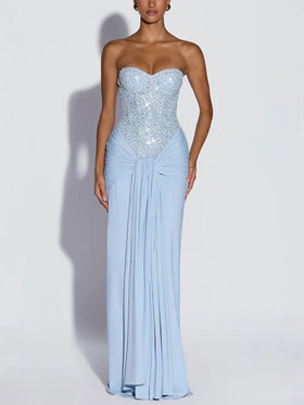 Womens Strapless Sweetheart Sequin Bodice Draped Maxi Dress