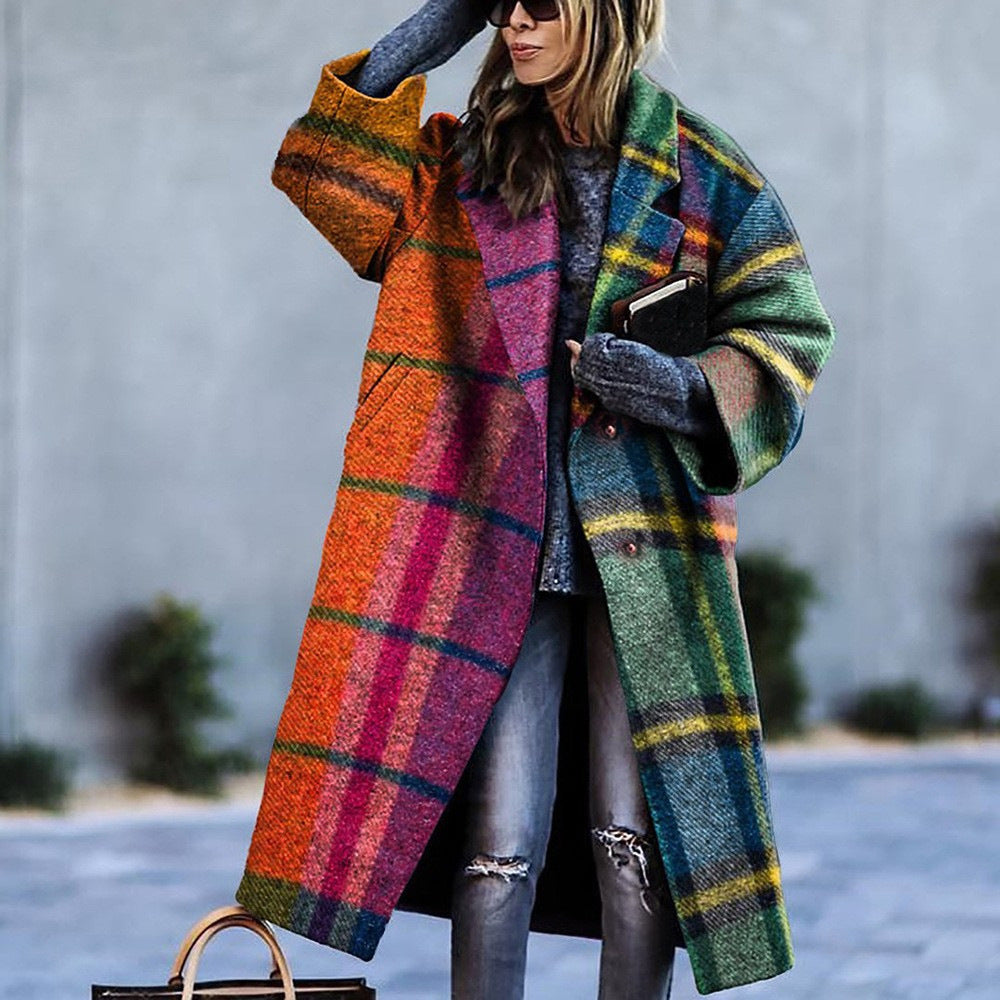 Long multicolor plaid lapel coat with orange and green colour blocks, photo used for the XL option