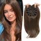 Chestnut brown synthetic hair topper on a model next to the piece held by its lace base