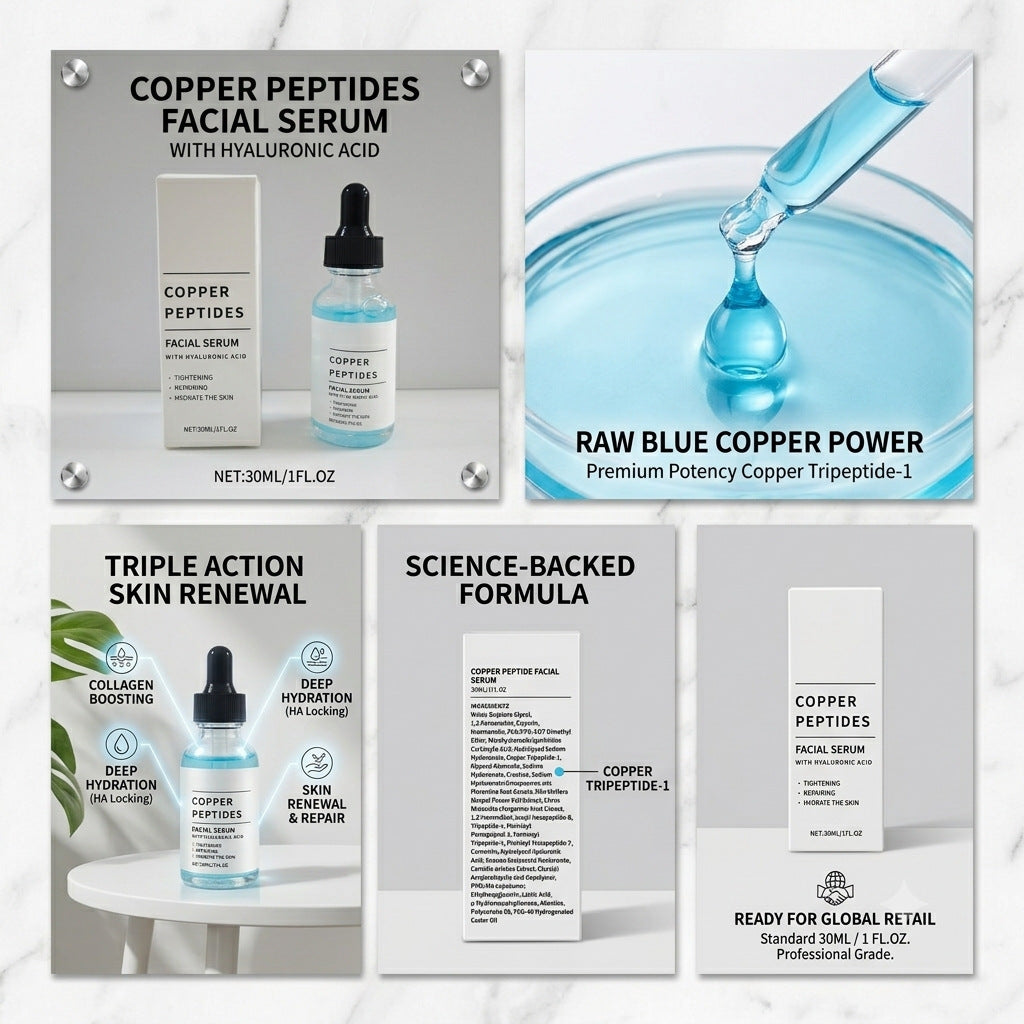 Copper Peptides facial serum collage with a pipette over blue serum, ingredient panels and a 30 ml bottle