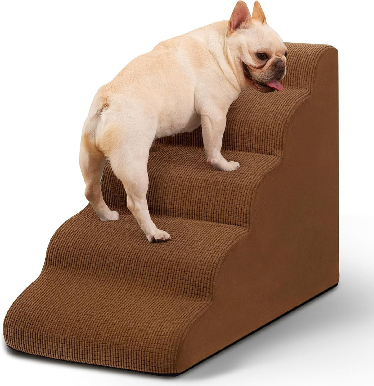 Tiered foam pet steps wrapped in ribbed fabric, a small dog climbing the treads up to a sofa or bed