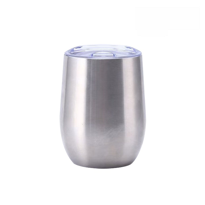 White stemless insulated stainless steel tumbler with a clear press-on lid and an exposed steel rim