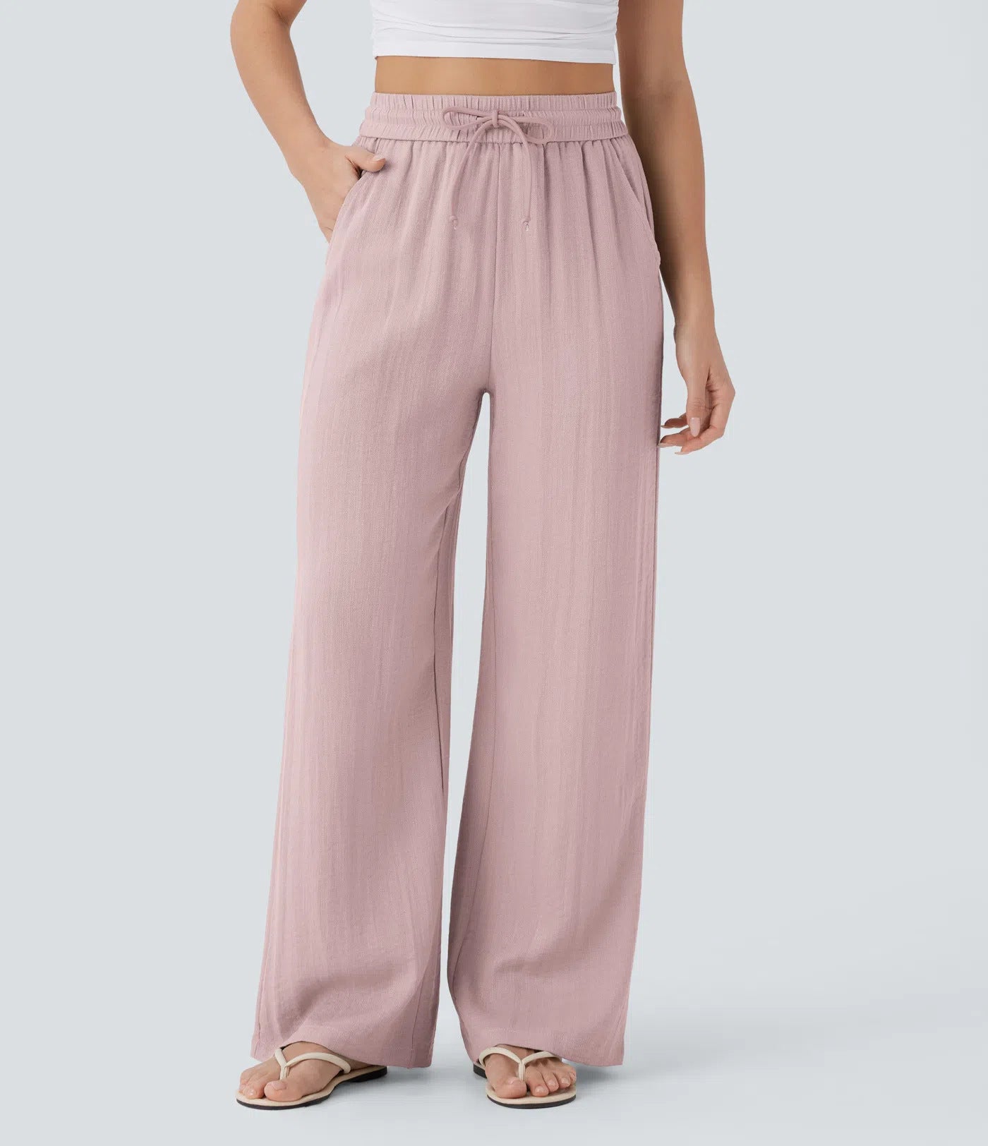 Linen yoga pants with drawstring waist | on-set styling