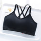 Black bra top with black crossed back straps on a white tray, Black option, size M