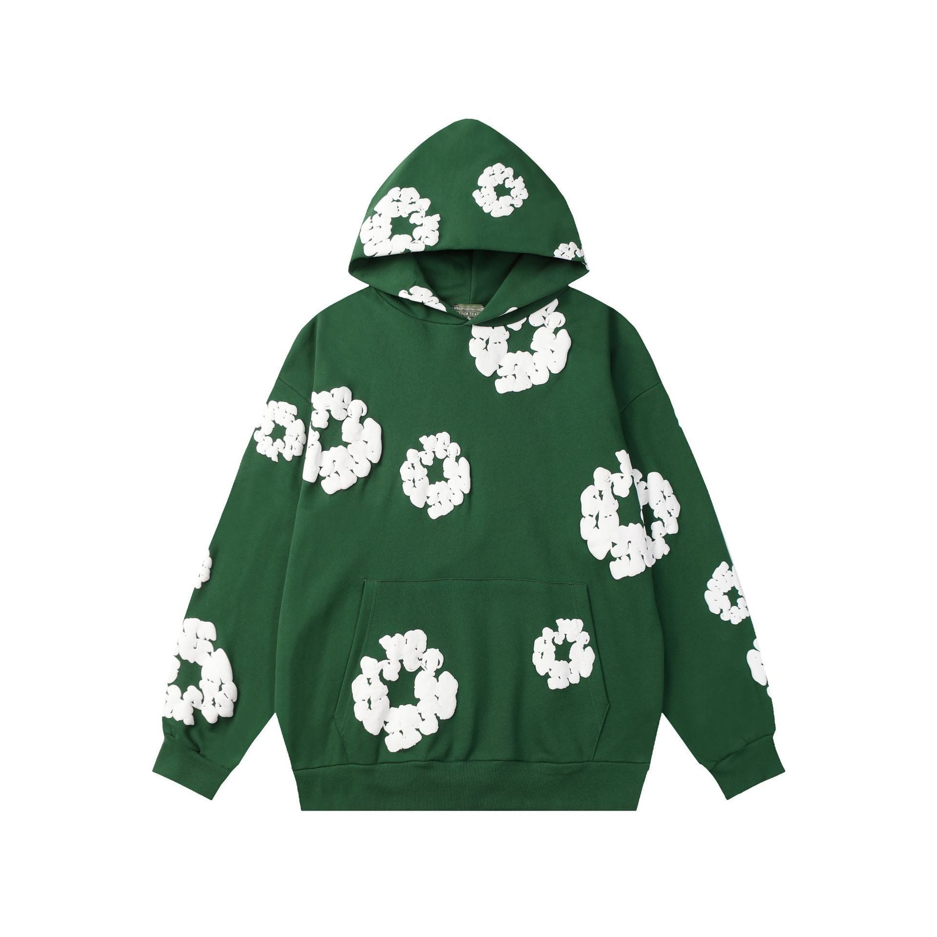 Cotton wreath print hoodie hood detail showing the eyelets and drawstring