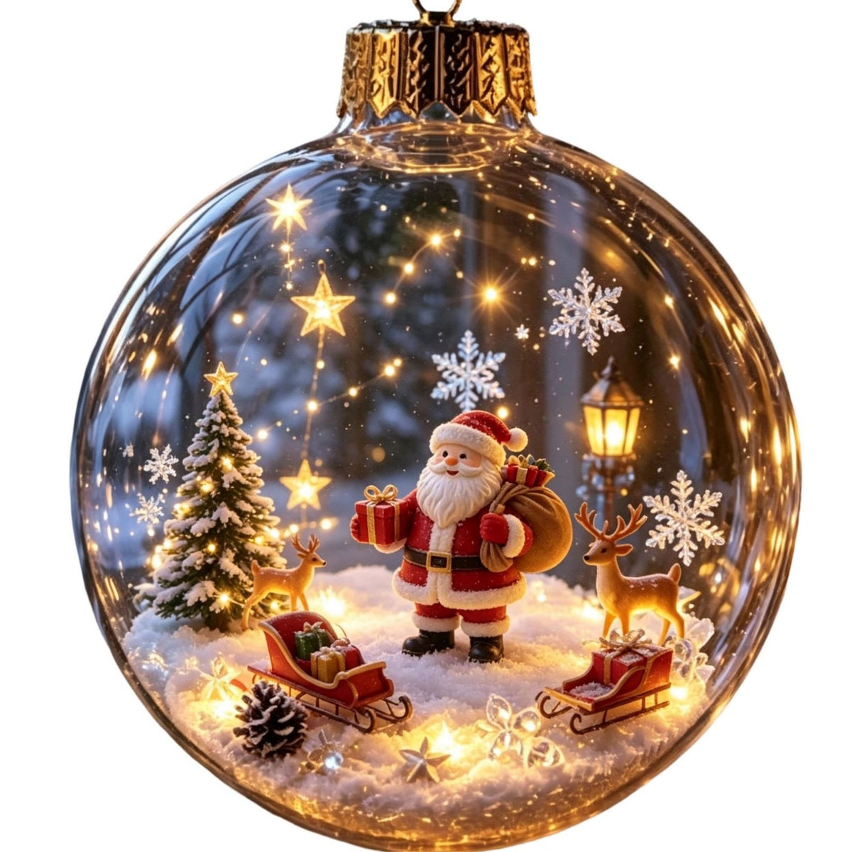 Two sided printed Christmas ornament with a glowing holiday scene in clear plastic