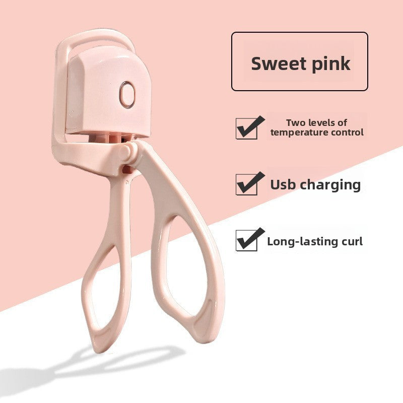 Pink electric eyelash curler on a maker colour panel headed Sweet pink with a feature list