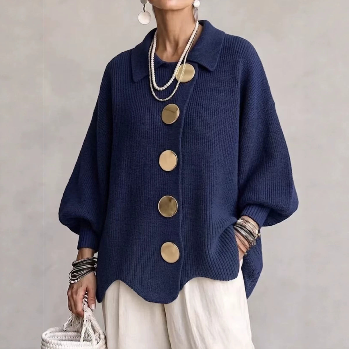 Navy ribbed knit top with a collar and gold tone metal buttons, Dark blue option, size M