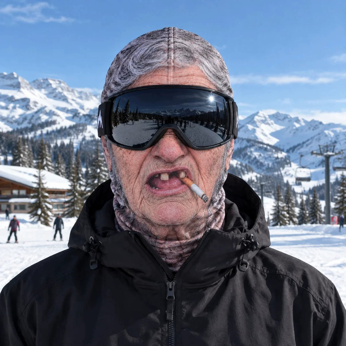 Prank Mask 3 option: printed old man face cover with gray hair, worn with ski goggles