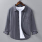 Chest pocket and button placket of the mens cotton and linen blend shirt