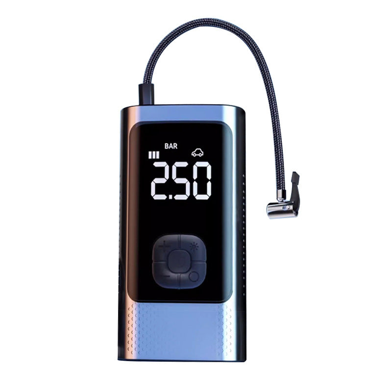 Portable digital tire inflator with a BAR display, control pad and a curved hose, on a white background