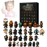 Halloween countdown gift box beside thirty one small painted horror figures with a child giving a thumbs up