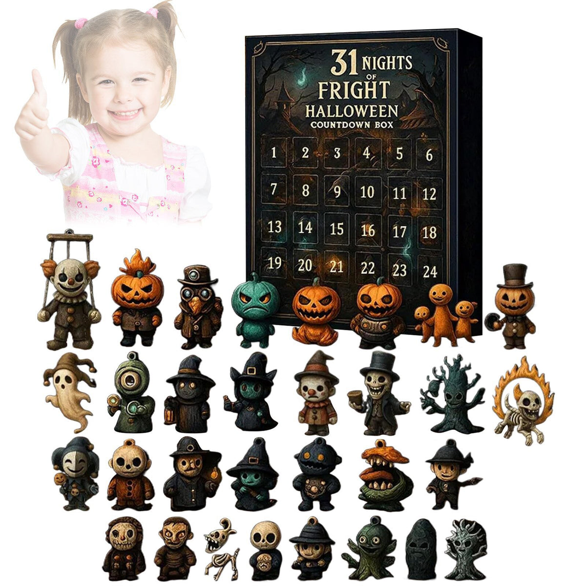 Halloween countdown gift box beside thirty one small painted horror figures with a child giving a thumbs up