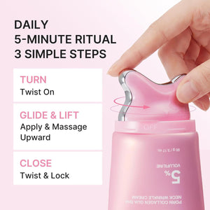 Instructional graphic showing the three step twist glide and lock use of the gua sha neck cream