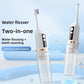 Two white 2-in-1 toothbrush and water flosser handles, one with a nozzle, on a blue background with water bubbles