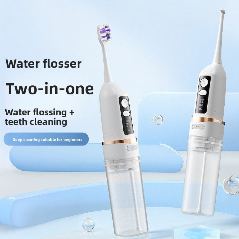 Two white 2-in-1 toothbrush and water flosser handles, one with a nozzle, on a blue background with water bubbles