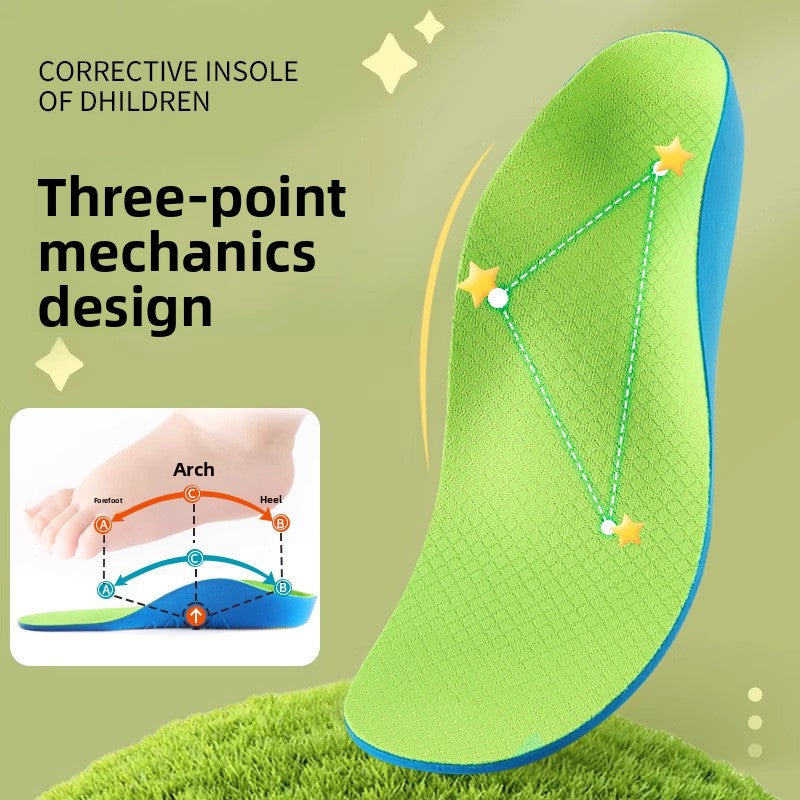 Green and blue childrens PU insole shown with a labelled three point foot diagram