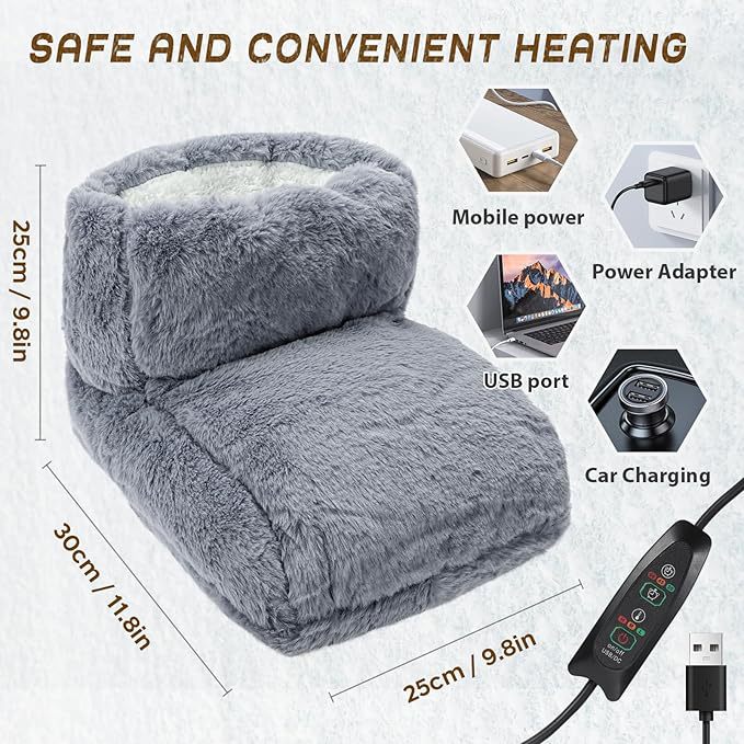 Maker diagram of the gray plush foot warmer boot, 25 cm tall, 30 cm long, 25 cm wide, with USB power sources