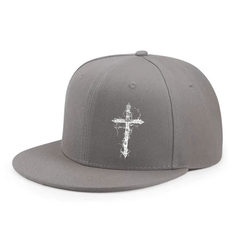Snapback cap with a flat stiff brim and a white lightning styled cross on the front panel