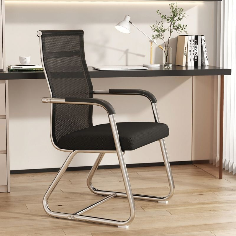 Low back black mesh cantilever conference chair, foam seat, fixed armrests and chrome frame in an office