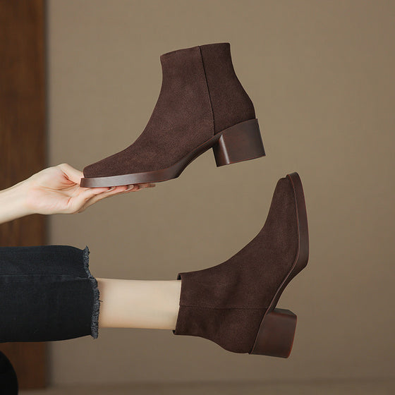 Women's Suede Finish Ankle Boots with Chunky Heel and Side Zip