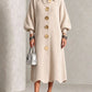Off White option, size XL: long ribbed knit dress with polo collar, balloon sleeves and large gold-tone buttons