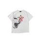 White oversize cat print tee with a red star on a white background, image of the size M option