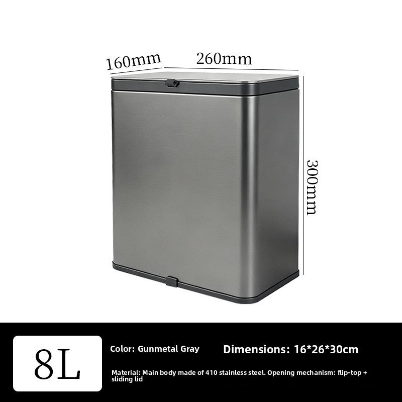 8 L Gunmetal Gray trash can with 160 by 260 by 300 mm dimensions, flip-top and sliding lid