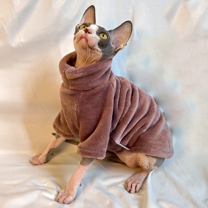 Brown coffee plush velvet cat sweater with a fold down neck for hairless cats