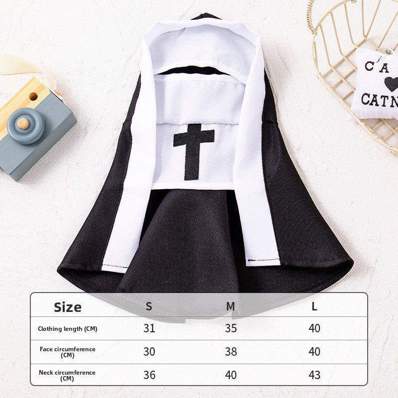 Pet nun costume flat lay with the S, M and L size chart, shown for size L, clothing length 40 cm