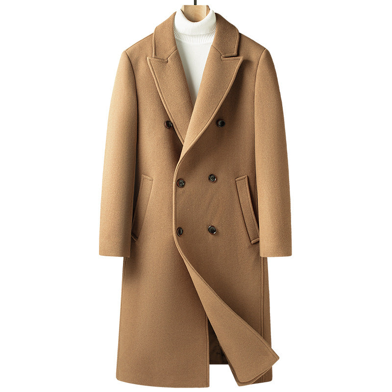 Camel double-breasted long coat with peak lapels over a white turtleneck, size 170/M option