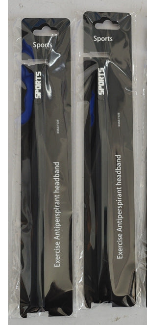 Five silicone sports sweatbands in gray, blue, red, purple, and white on a blue backdrop
