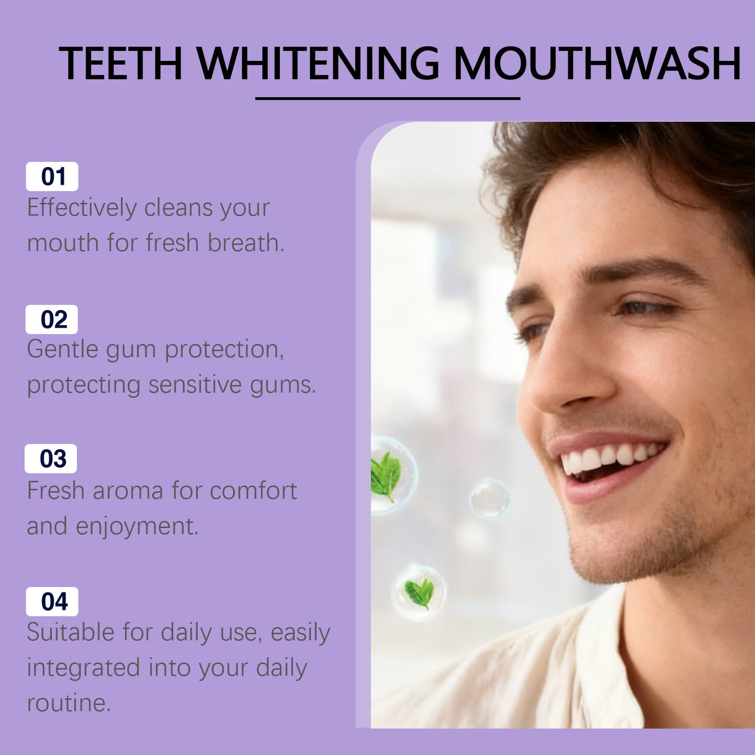 Purple fresh mint mouthwash single use sticks marked rinse for 30 seconds, alcohol free