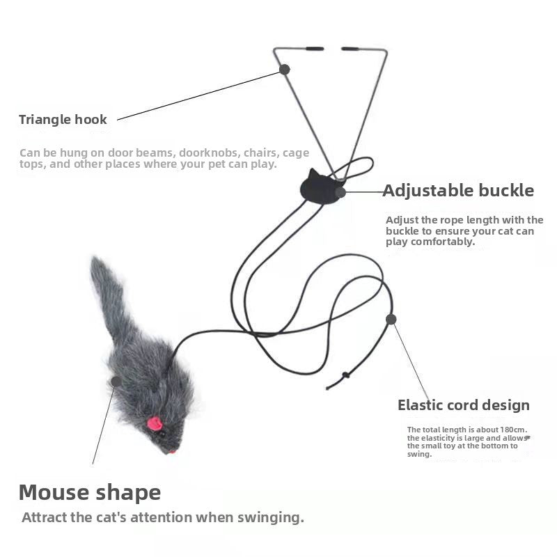 Adjustable hanging cat teaser with a grey plush mouse for hands free cat play