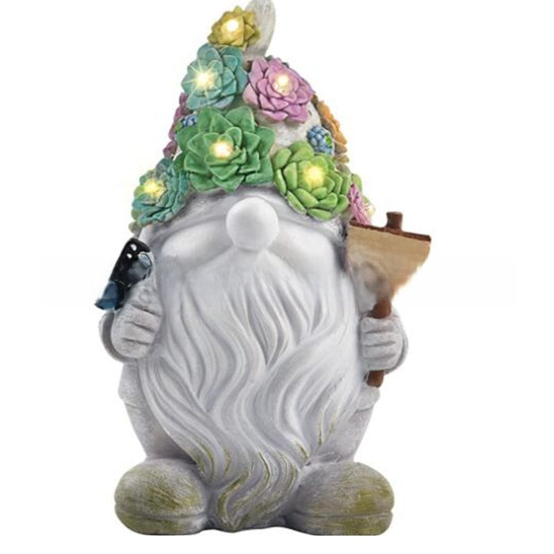 Bearded resin gnome with succulent flower hat lit by small LEDs, Meaty Goblin option