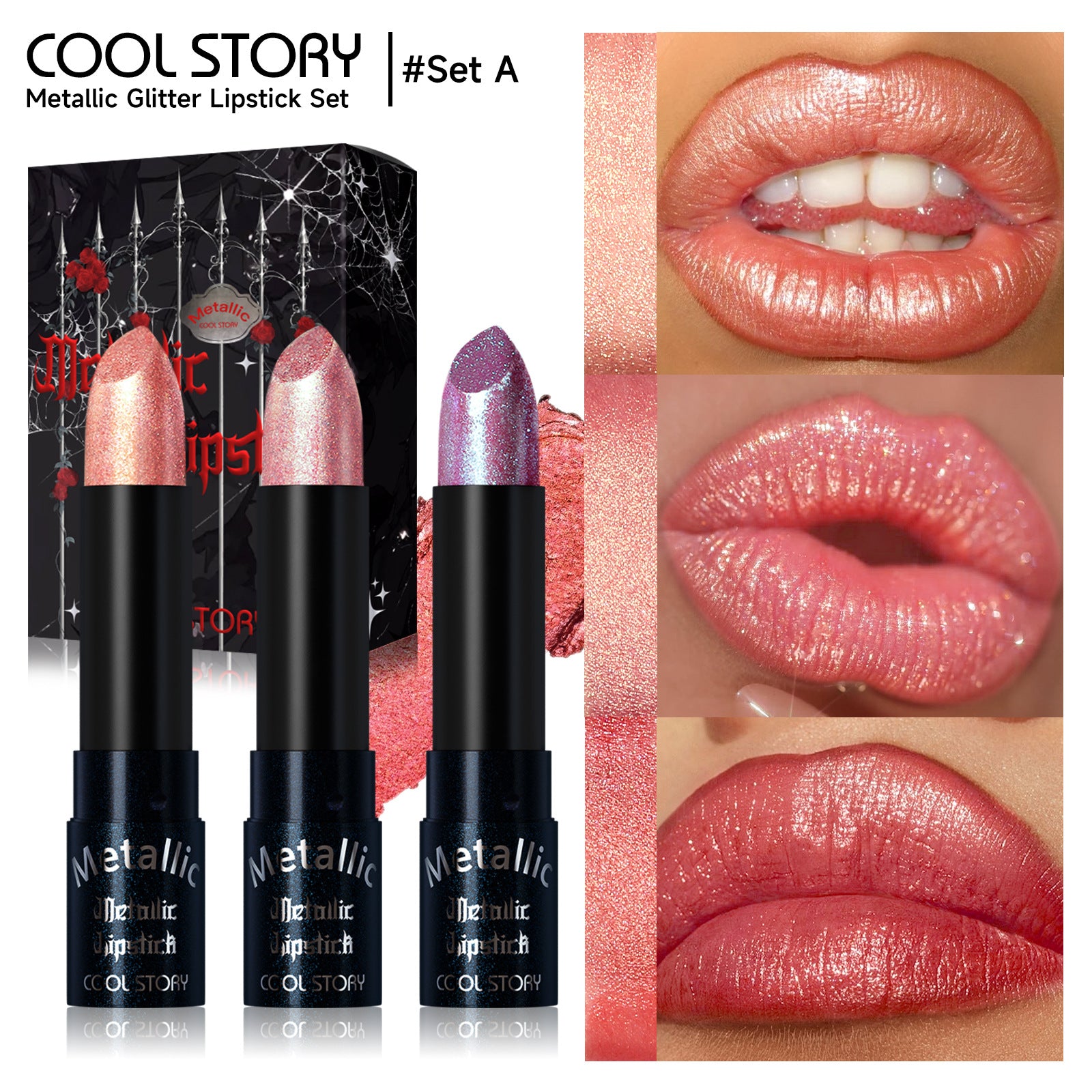 Metallic glitter lipstick trio with rich saturated party shades and shimmer finish