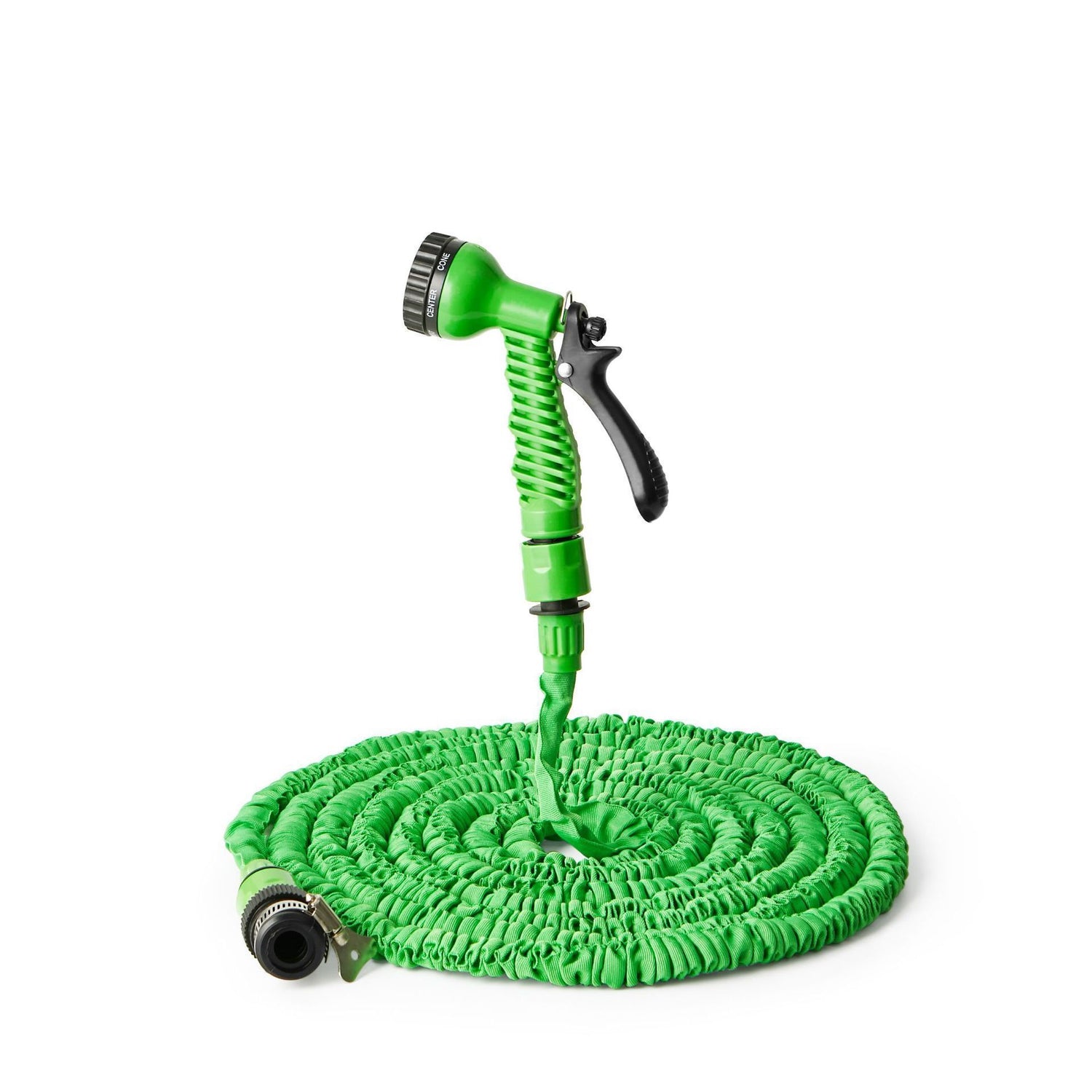 Black expandable garden hose coiled with a seven pattern trigger spray gun