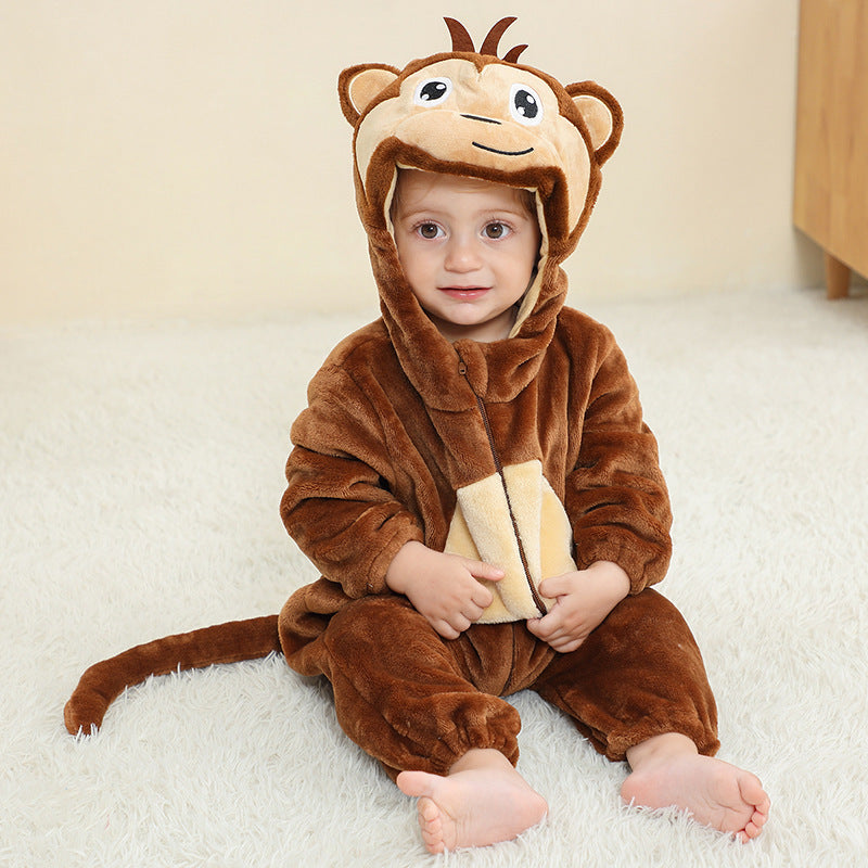 Brown monkey hooded flannel baby jumpsuit with animal face hood and tail, option 100cm