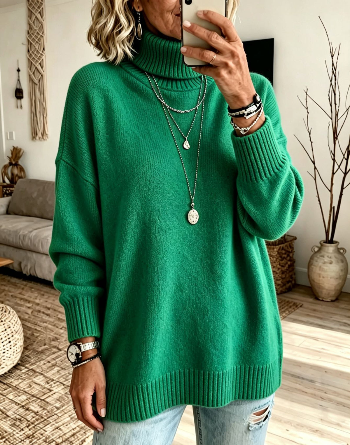 Women's emerald green turtleneck knit sweater, loose fit with ribbed cuffs and hem, size 3XL